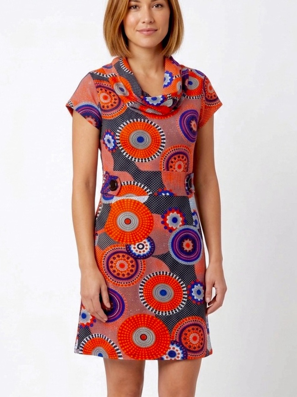 Geometric Pattern Mod Mini Dress 60’s Go-Go Cowl Neck Vintage Style Small